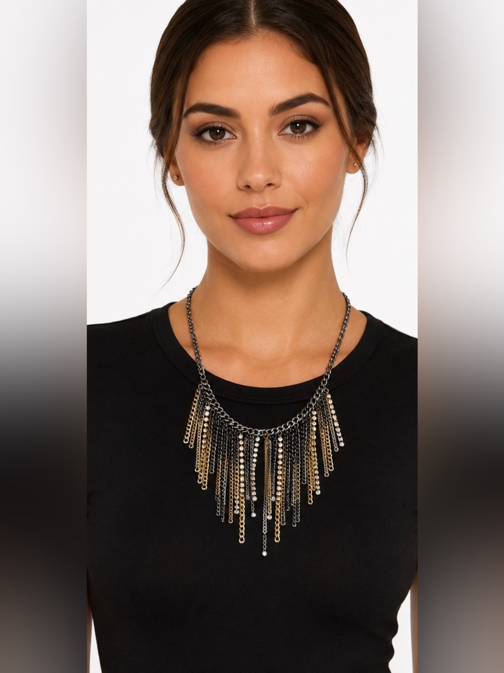 Gunmetal Fringe Bib Necklace Rhinestone Statement Chain Festival Jewelry